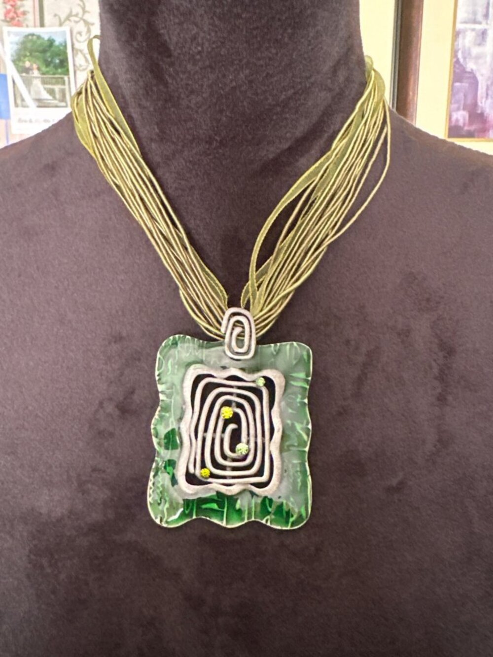 Multistrand Green Cord Necklace With Abstract Pendant & Adjustable Chain